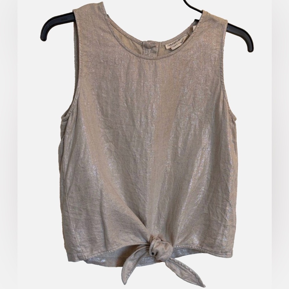 Christian Siriano 100% Linen Tank Top XS Metallic Gold Tie Front Sleeveless